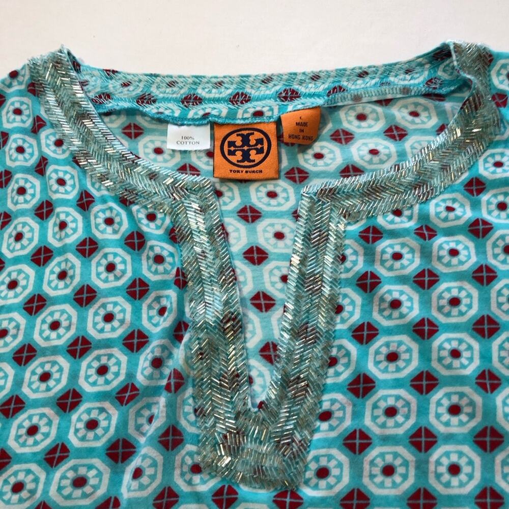 Tory Burch long-sleeve cotton v neck beaded top geometric medallion print L - Picture 4 of 9